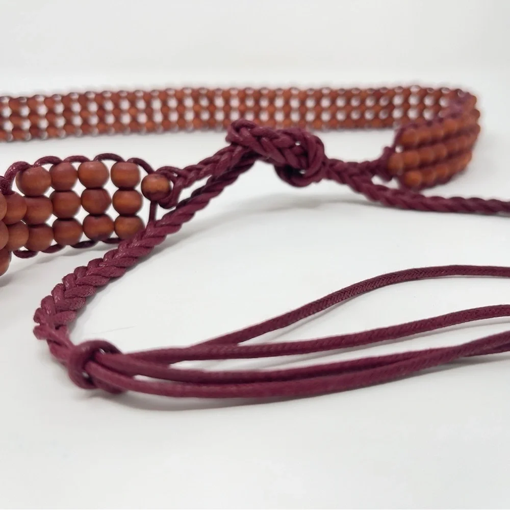 Vintage Boho, Western Wine Colored Wooden Beads Belt w/ Fringe‎
